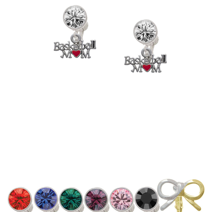 Basketball Mom with Red Heart Crystal Clip On Earrings Image 1