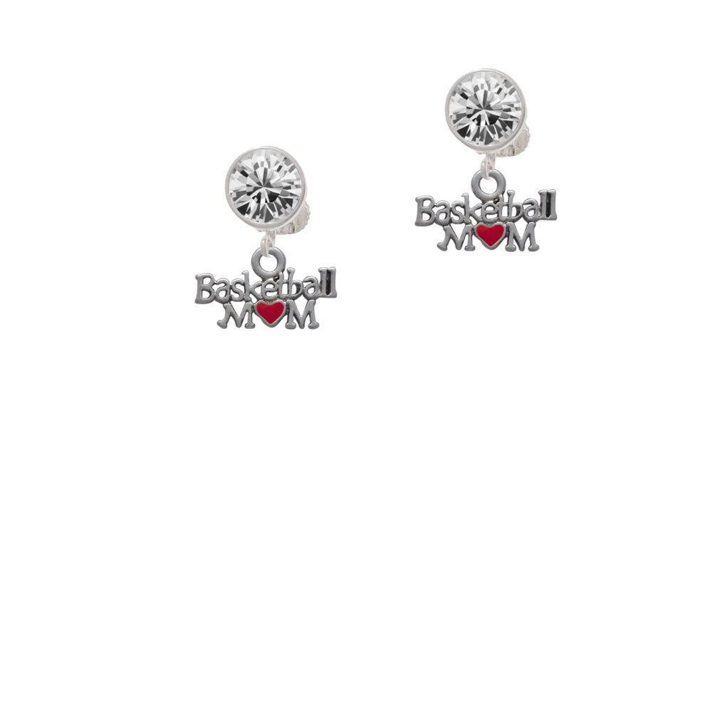 Basketball Mom with Red Heart Crystal Clip On Earrings Image 2