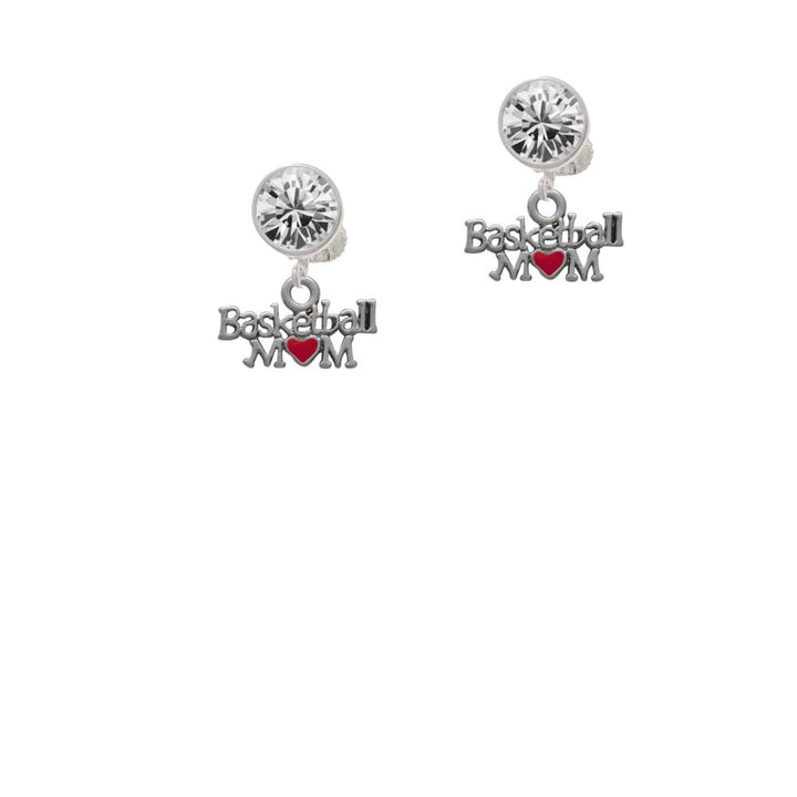 Basketball Mom with Red Heart Crystal Clip On Earrings Image 1