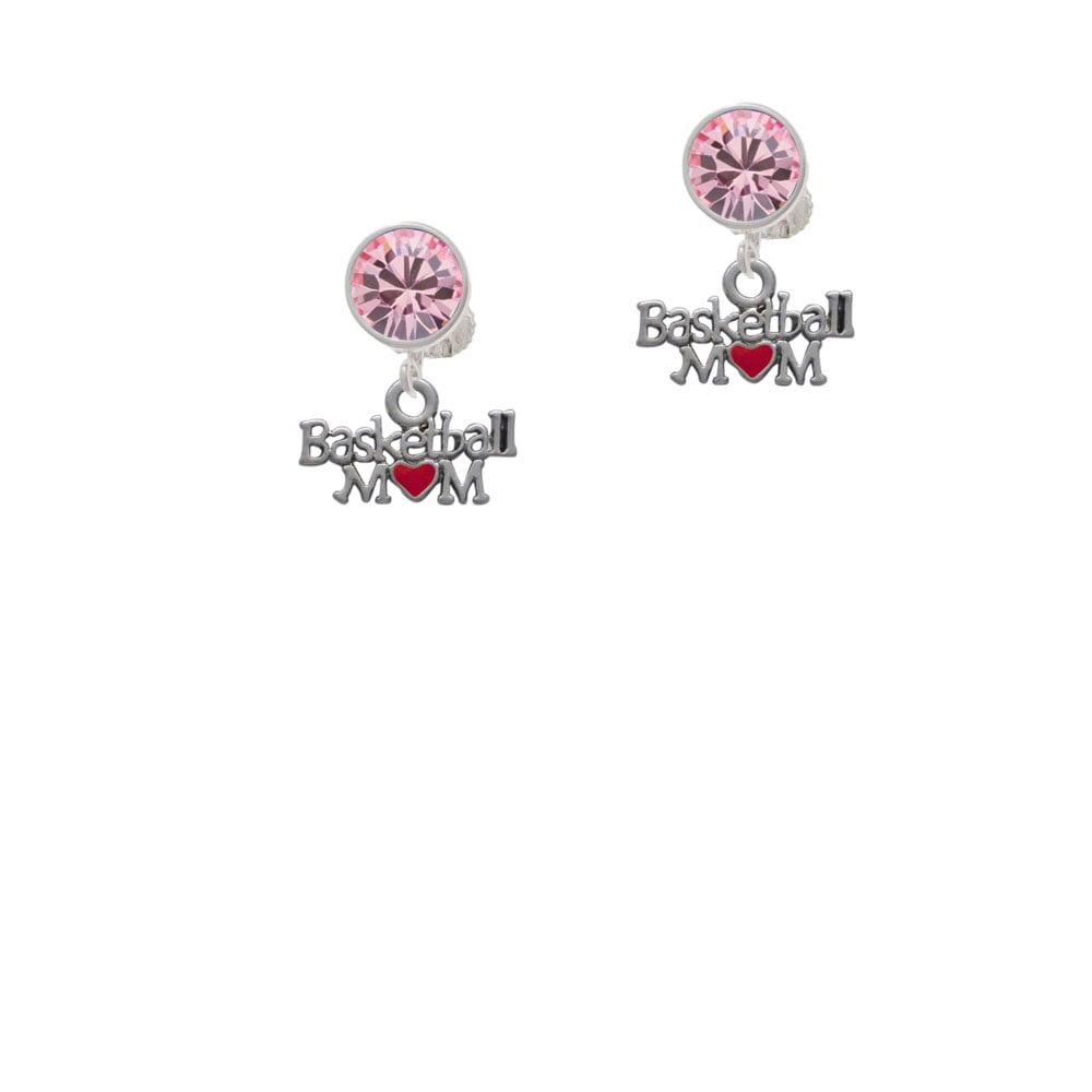 Basketball Mom with Red Heart Crystal Clip On Earrings Image 1