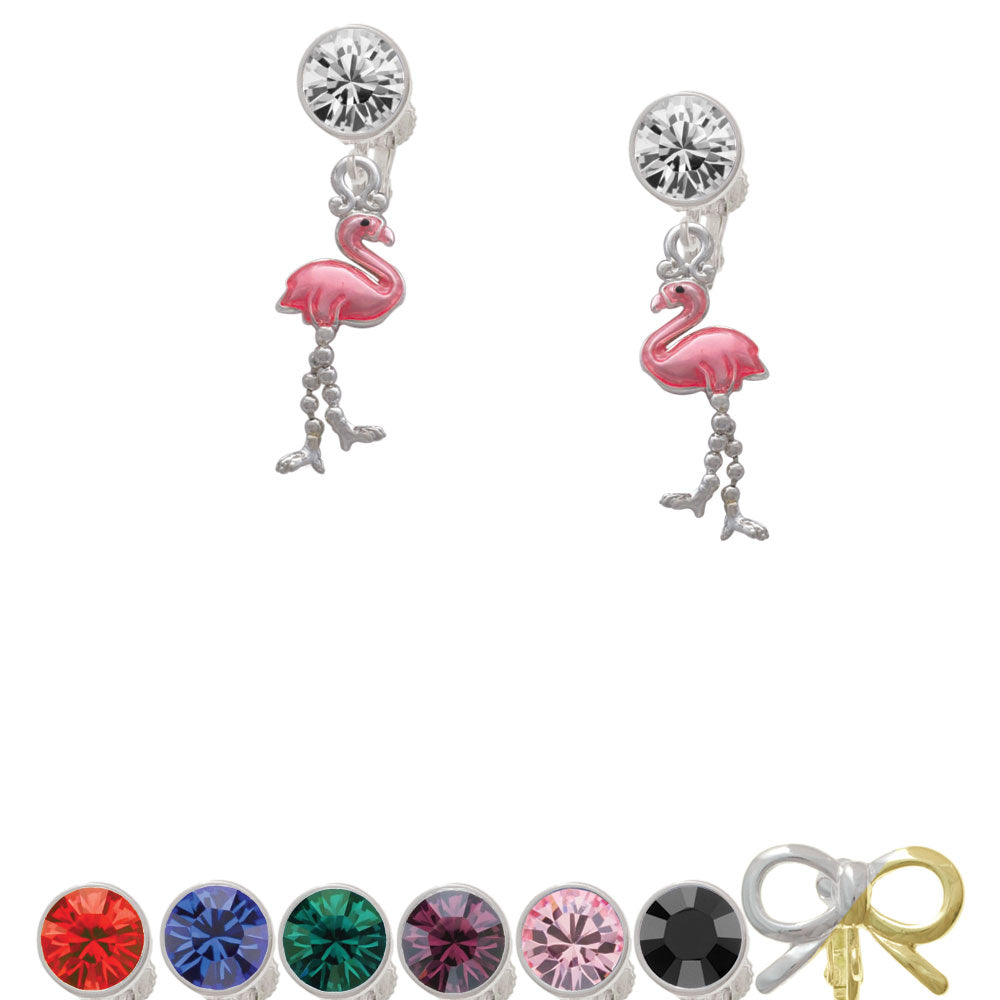 Flamingo with Dangle Legs Crystal Clip On Earrings Image 1