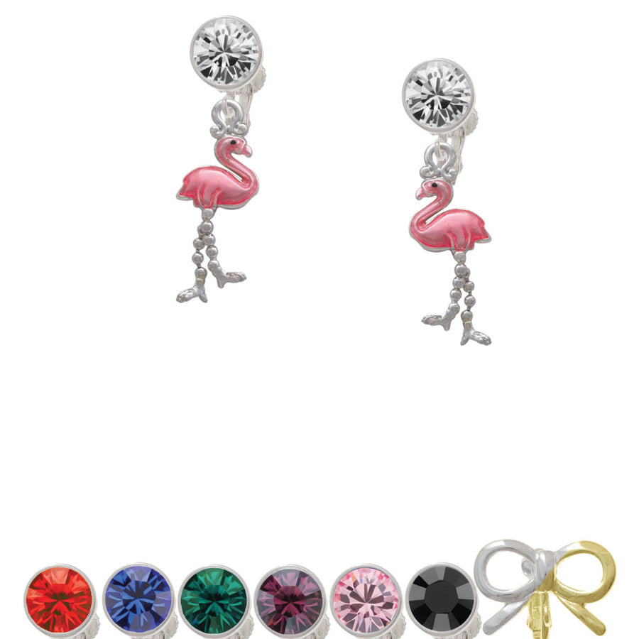 Flamingo with Dangle Legs Crystal Clip On Earrings Image 1