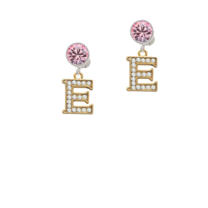 Crystal Gold Tone Initial - E - Beaded Border - Crystal Clip On Earrings Image 1