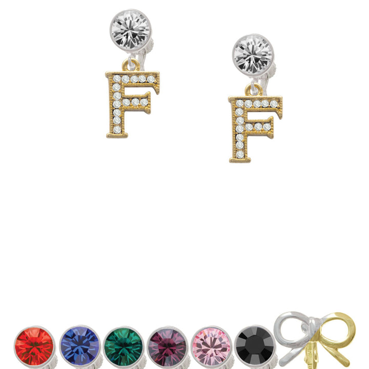 Crystal Gold Tone Initial - F - Beaded Border - Crystal Clip On Earrings Image 1