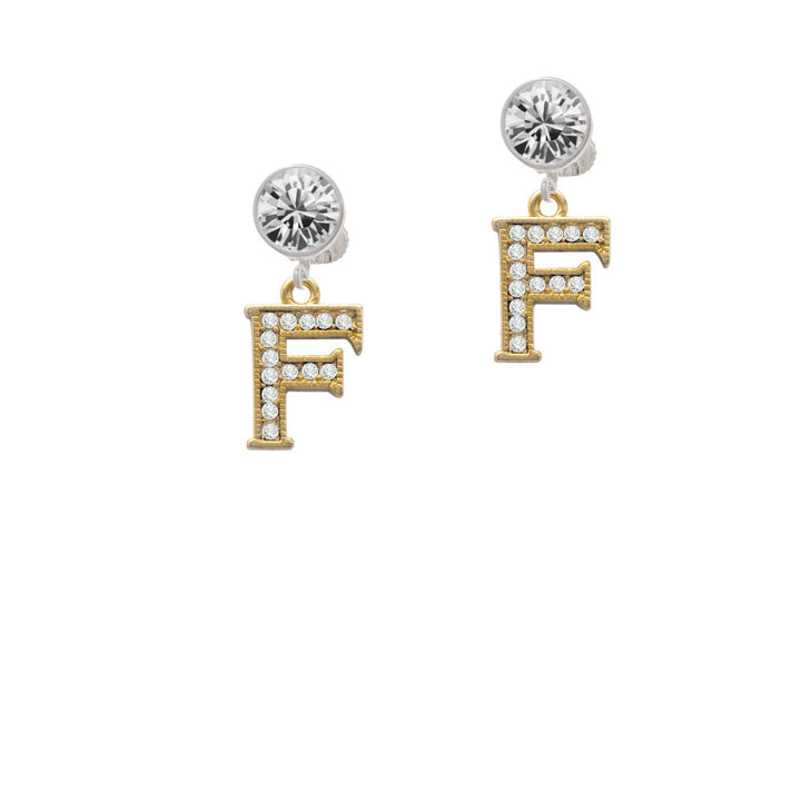 Crystal Gold Tone Initial - F - Beaded Border - Crystal Clip On Earrings Image 2