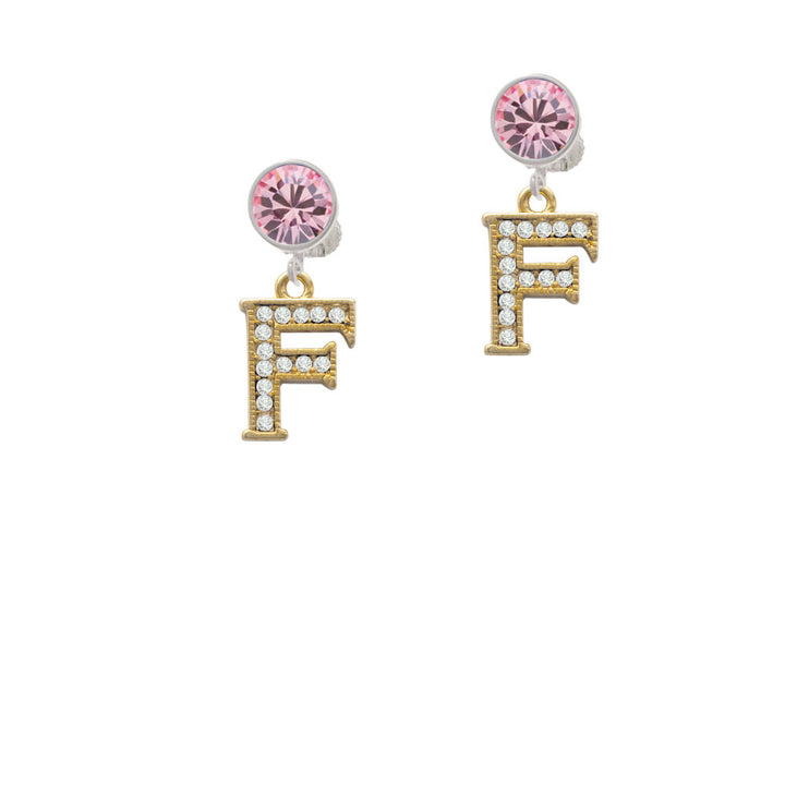 Crystal Gold Tone Initial - F - Beaded Border - Crystal Clip On Earrings Image 4