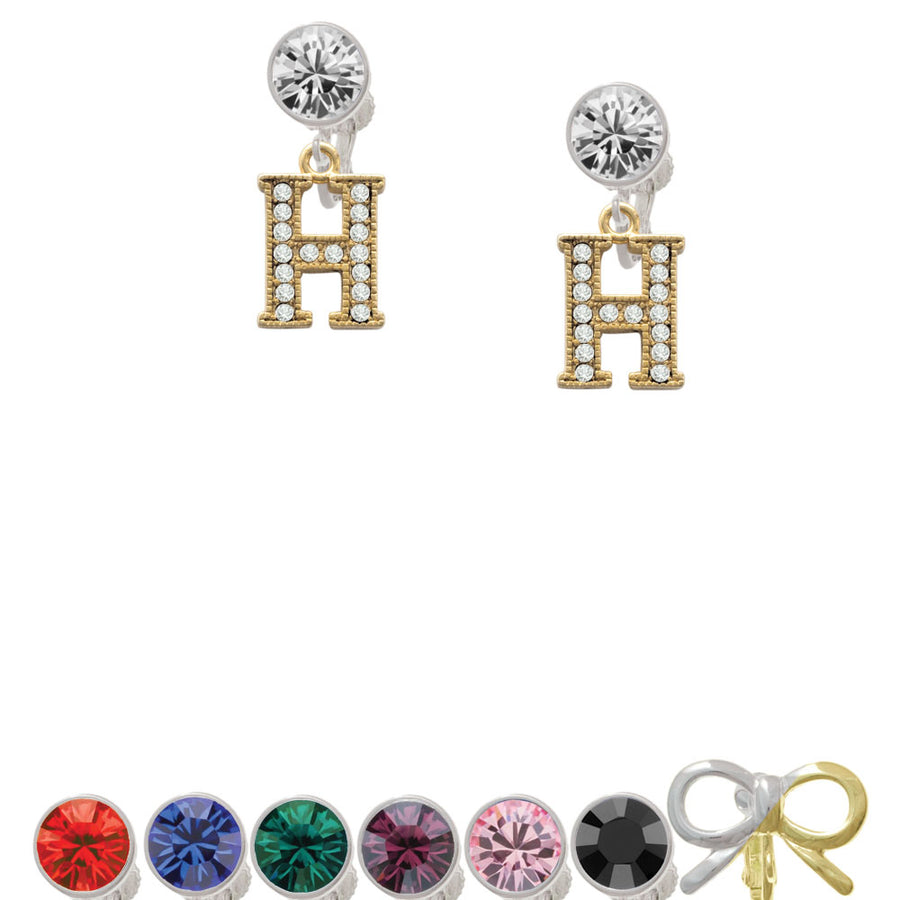 Crystal Gold Tone Initial - H - Beaded Border - Crystal Clip On Earrings Image 1