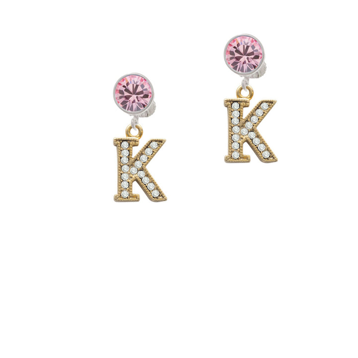 Crystal Gold Tone Initial - K - Beaded Border - Crystal Clip On Earrings Image 4