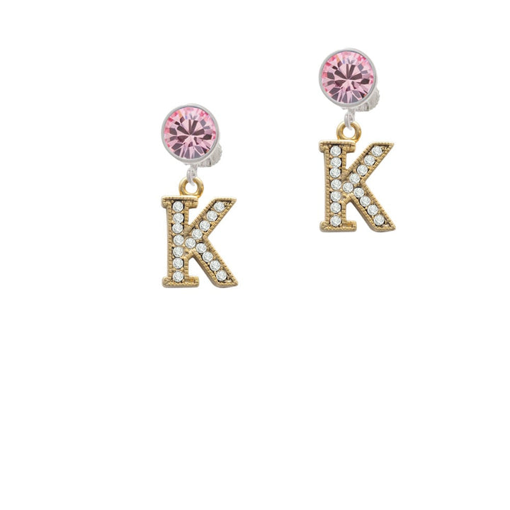 Crystal Gold Tone Initial - K - Beaded Border - Crystal Clip On Earrings Image 1