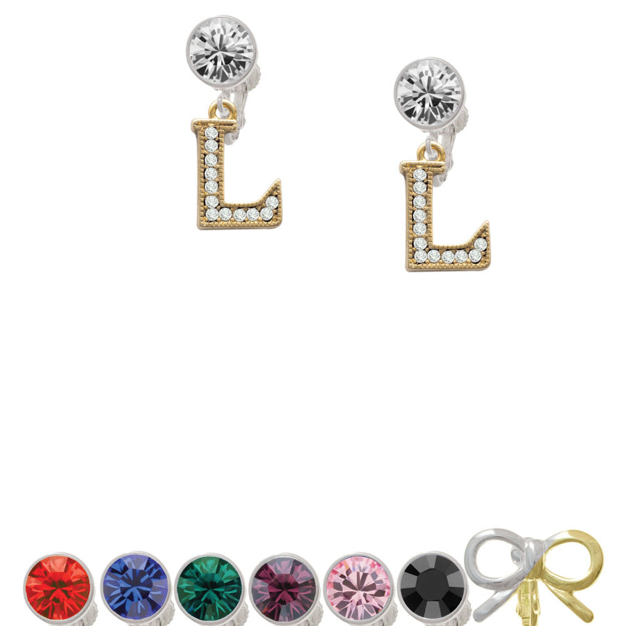 Crystal Gold Tone Initial - L - Beaded Border - Crystal Clip On Earrings Image 1