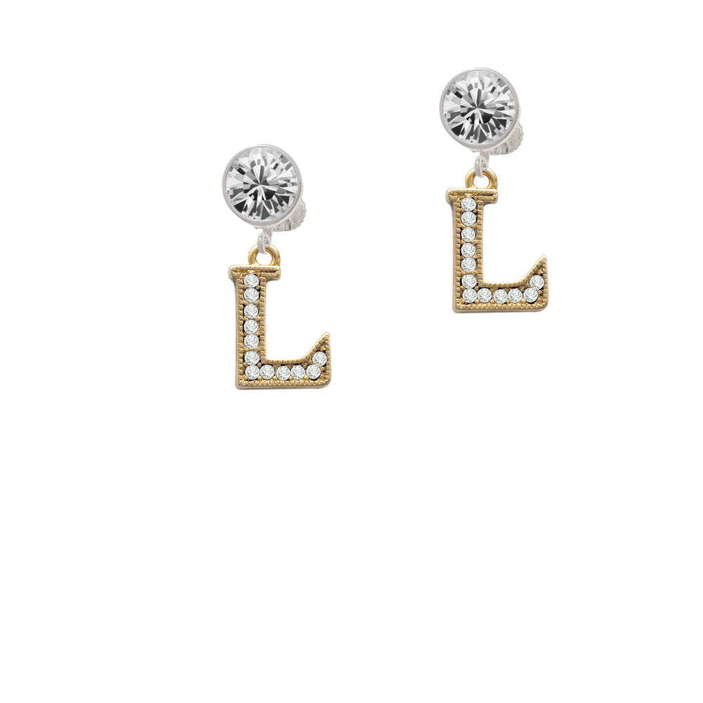 Crystal Gold Tone Initial - L - Beaded Border - Crystal Clip On Earrings Image 2