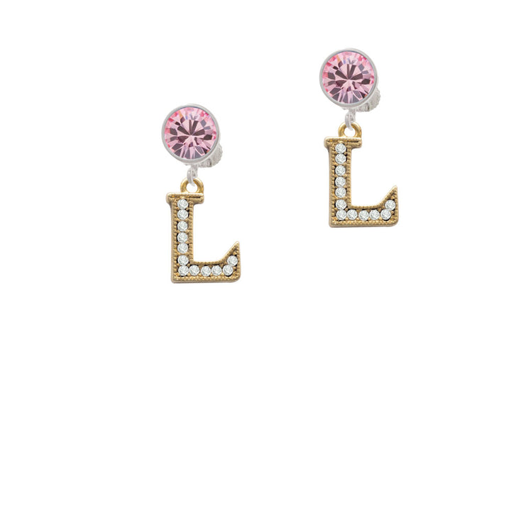 Crystal Gold Tone Initial - L - Beaded Border - Crystal Clip On Earrings Image 4