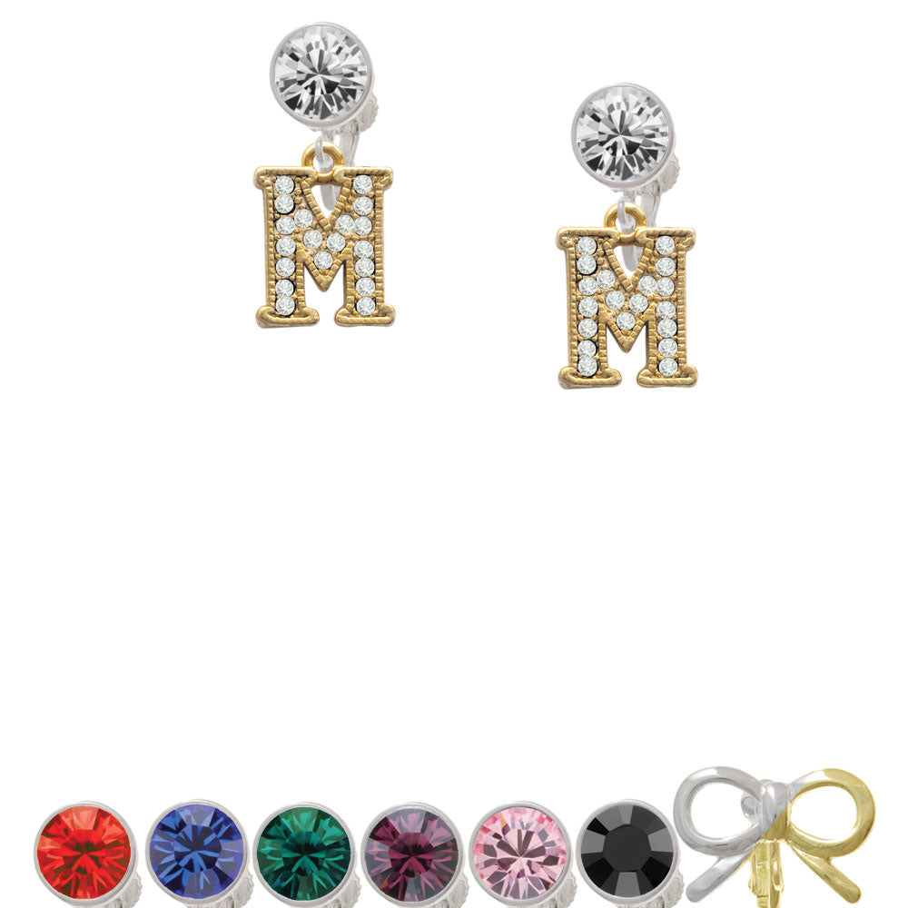 Crystal Gold Tone Initial - M - Beaded Border - Crystal Clip On Earrings Image 1