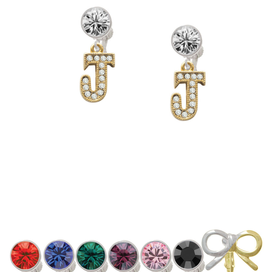 Crystal Gold Tone Initial - J - Beaded Border - Crystal Clip On Earrings Image 1