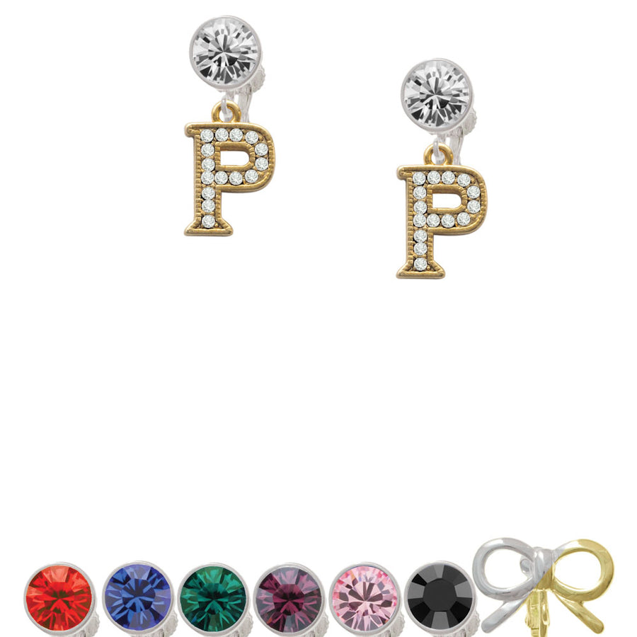 Crystal Gold Tone Initial - P - Beaded Border - Crystal Clip On Earrings Image 1