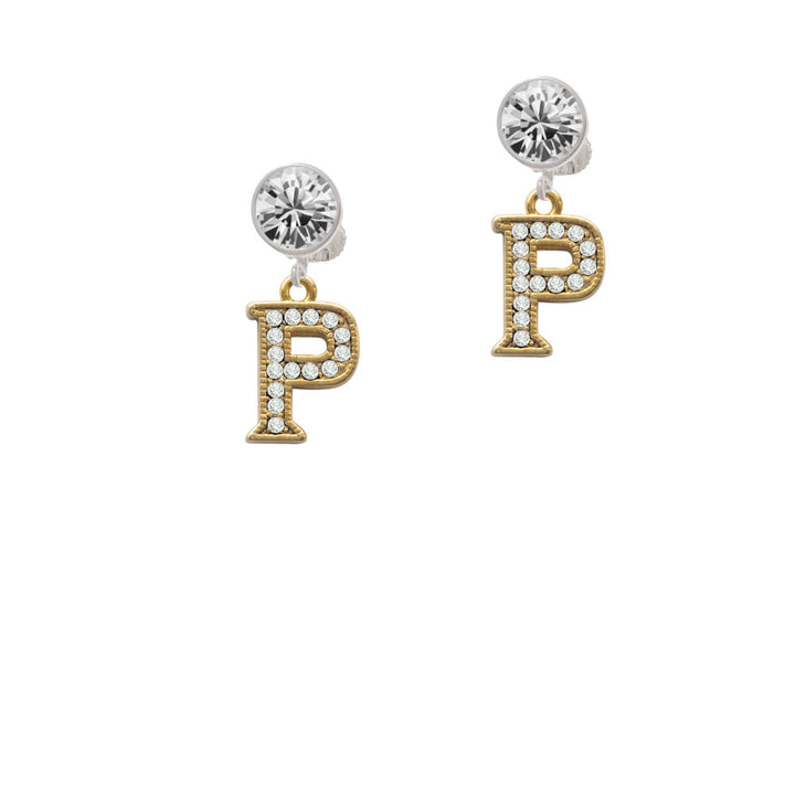 Crystal Gold Tone Initial - P - Beaded Border - Crystal Clip On Earrings Image 2