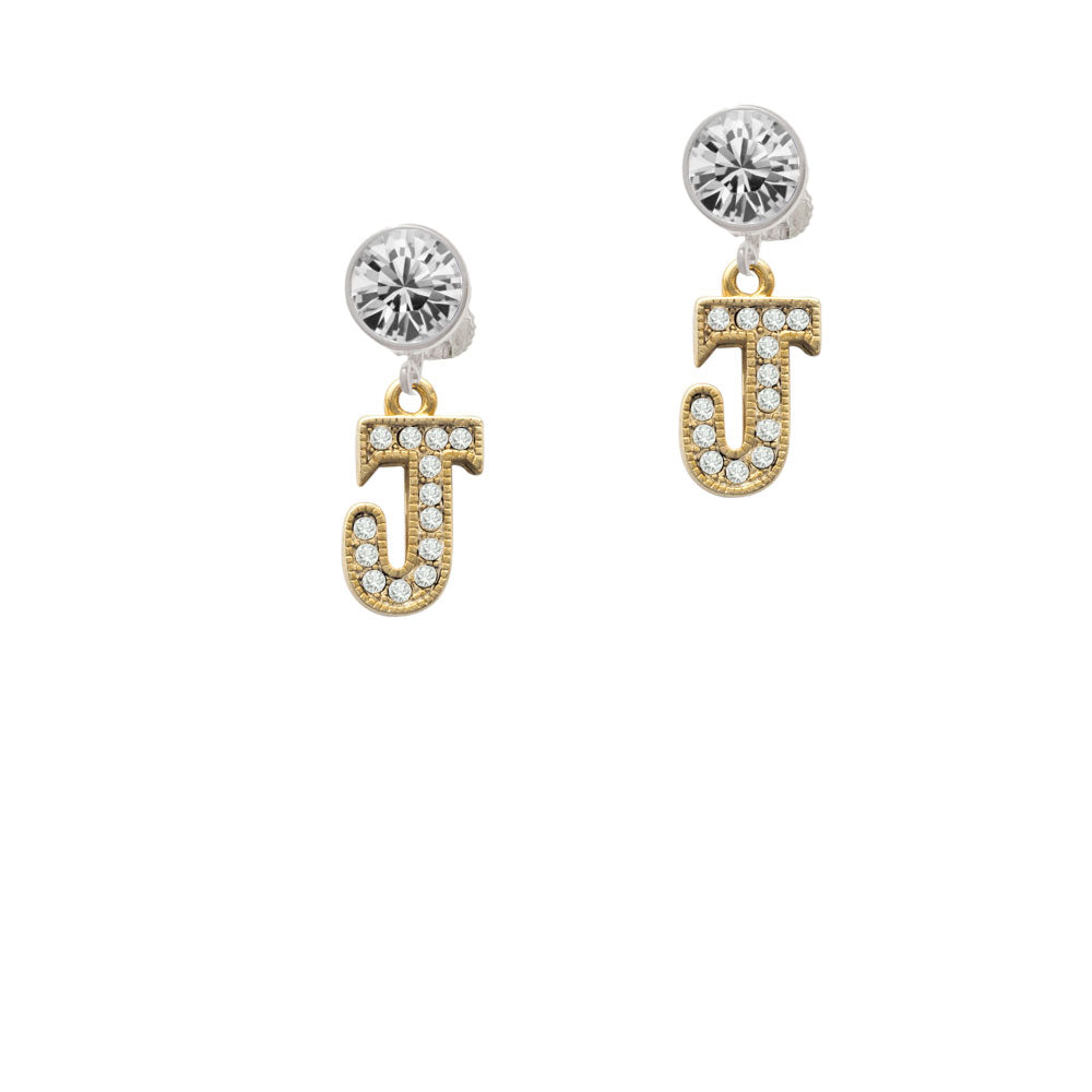 Crystal Gold Tone Initial - J - Beaded Border - Crystal Clip On Earrings Image 2