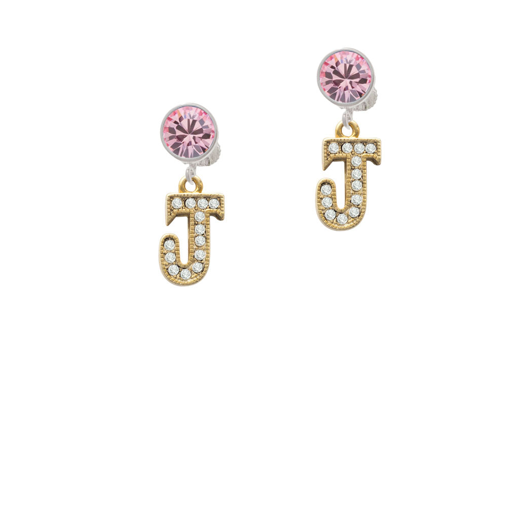 Crystal Gold Tone Initial - J - Beaded Border - Crystal Clip On Earrings Image 4