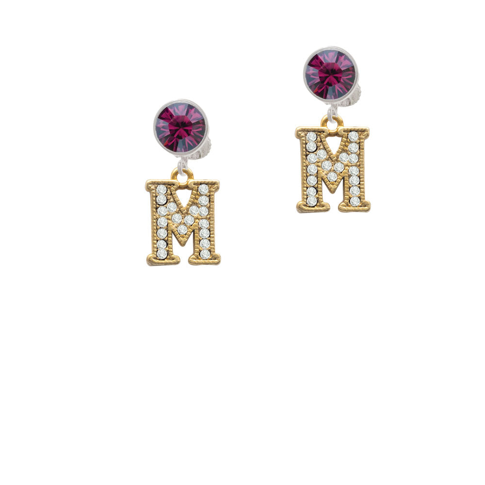 Crystal Gold Tone Initial - M - Beaded Border - Crystal Clip On Earrings Image 8