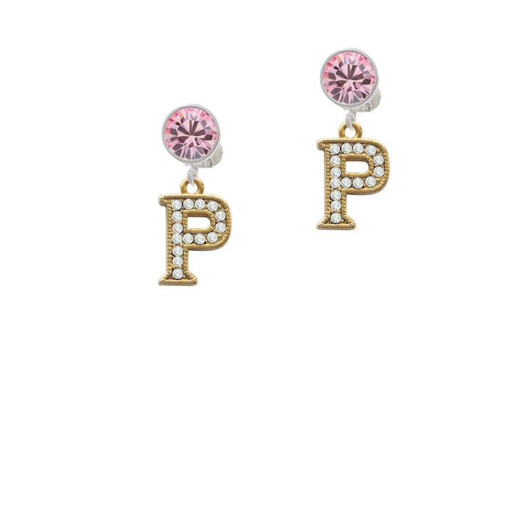 Crystal Gold Tone Initial - P - Beaded Border - Crystal Clip On Earrings Image 4