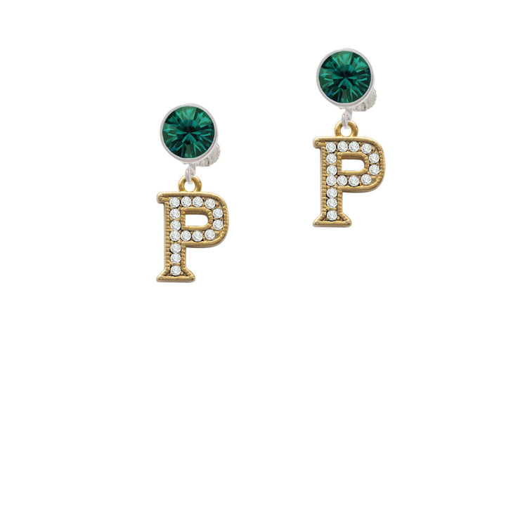 Crystal Gold Tone Initial - P - Beaded Border - Crystal Clip On Earrings Image 6