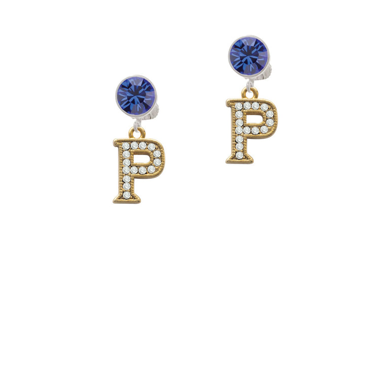 Crystal Gold Tone Initial - P - Beaded Border - Crystal Clip On Earrings Image 7