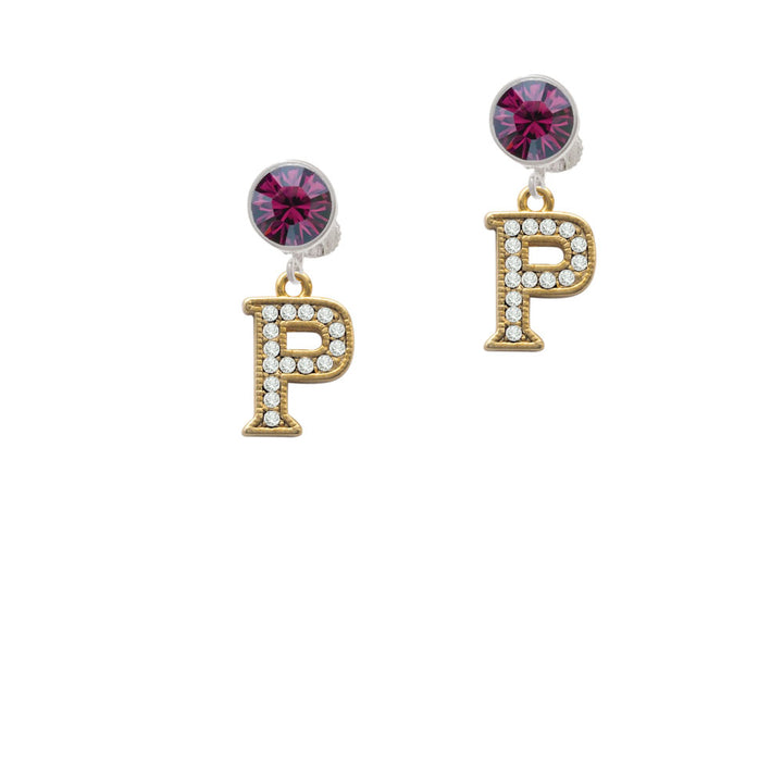 Crystal Gold Tone Initial - P - Beaded Border - Crystal Clip On Earrings Image 8