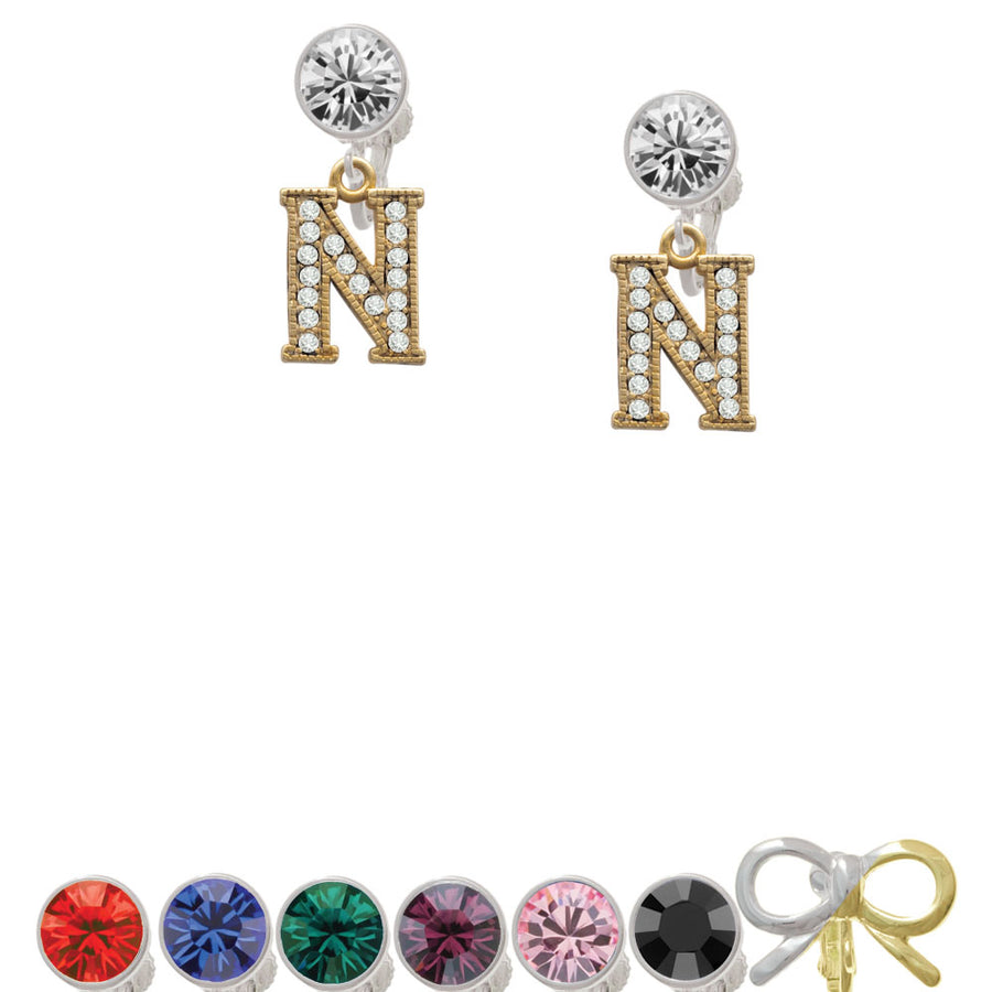 Crystal Gold Tone Initial - N - Beaded Border - Crystal Clip On Earrings Image 1