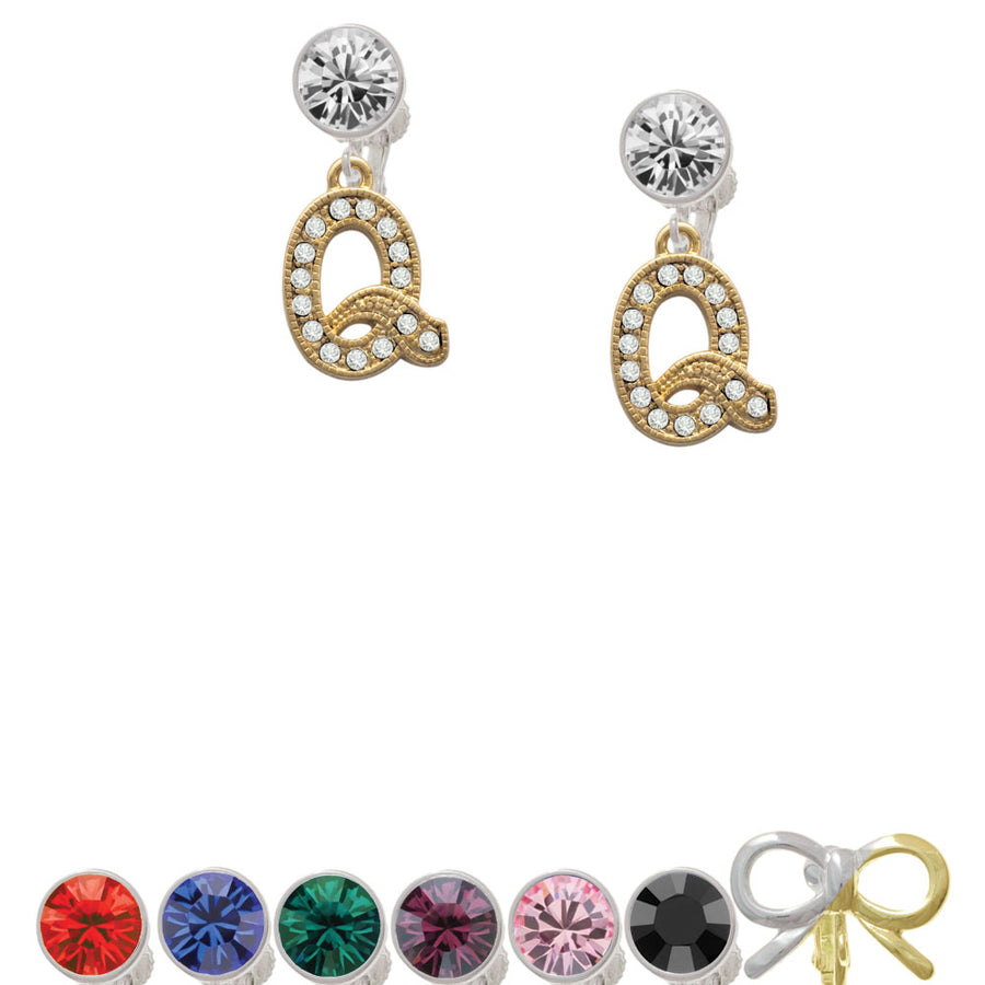 Crystal Gold Tone Initial - Q - Beaded Border - Crystal Clip On Earrings Image 1