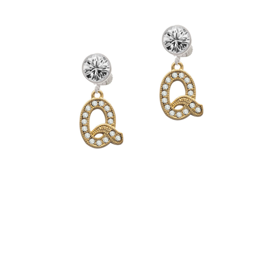 Crystal Gold Tone Initial - Q - Beaded Border - Crystal Clip On Earrings Image 2