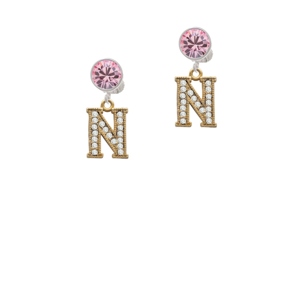 Crystal Gold Tone Initial - N - Beaded Border - Crystal Clip On Earrings Image 1