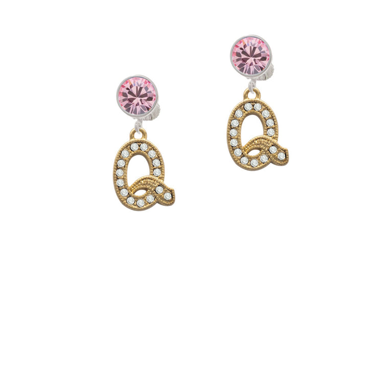 Crystal Gold Tone Initial - Q - Beaded Border - Crystal Clip On Earrings Image 4