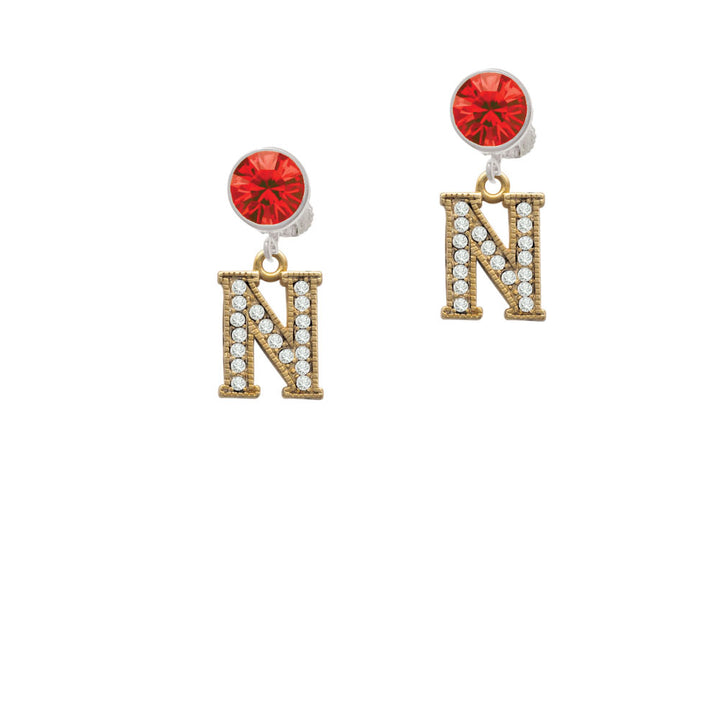 Crystal Gold Tone Initial - N - Beaded Border - Crystal Clip On Earrings Image 4