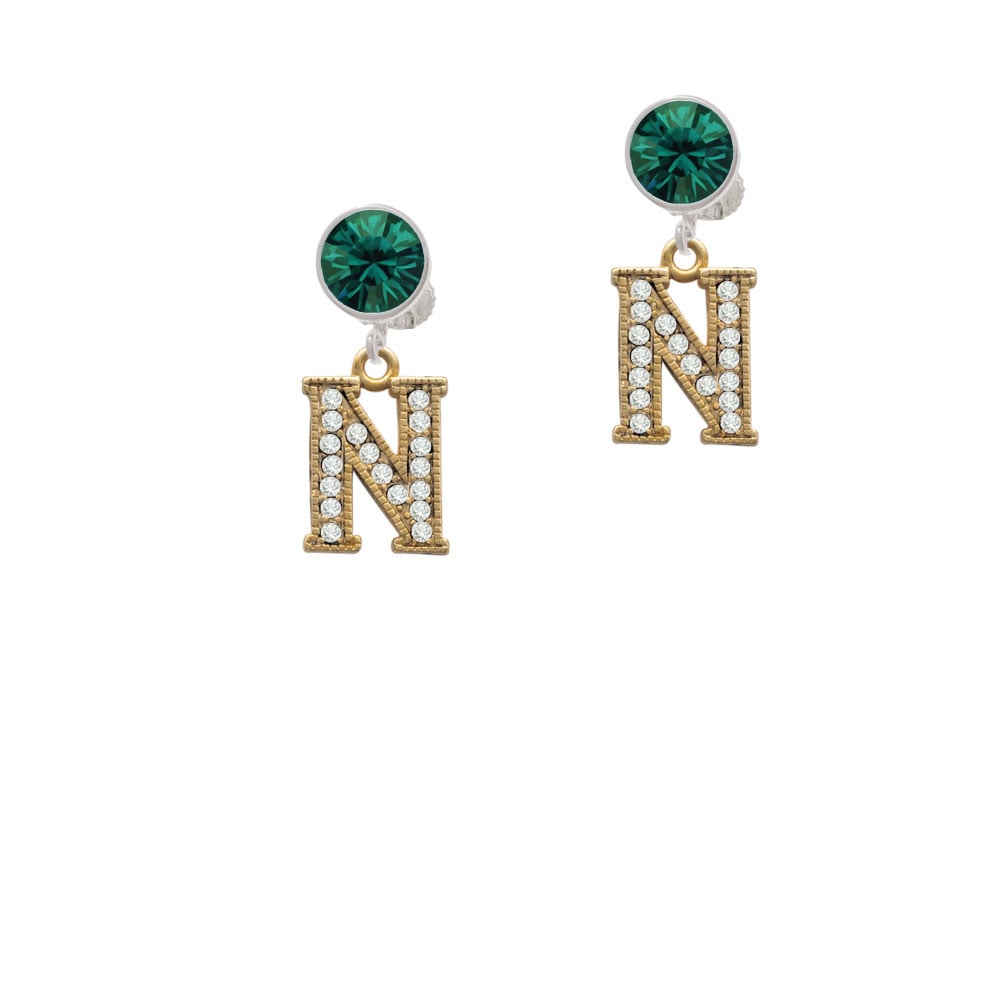 Crystal Gold Tone Initial - N - Beaded Border - Crystal Clip On Earrings Image 6