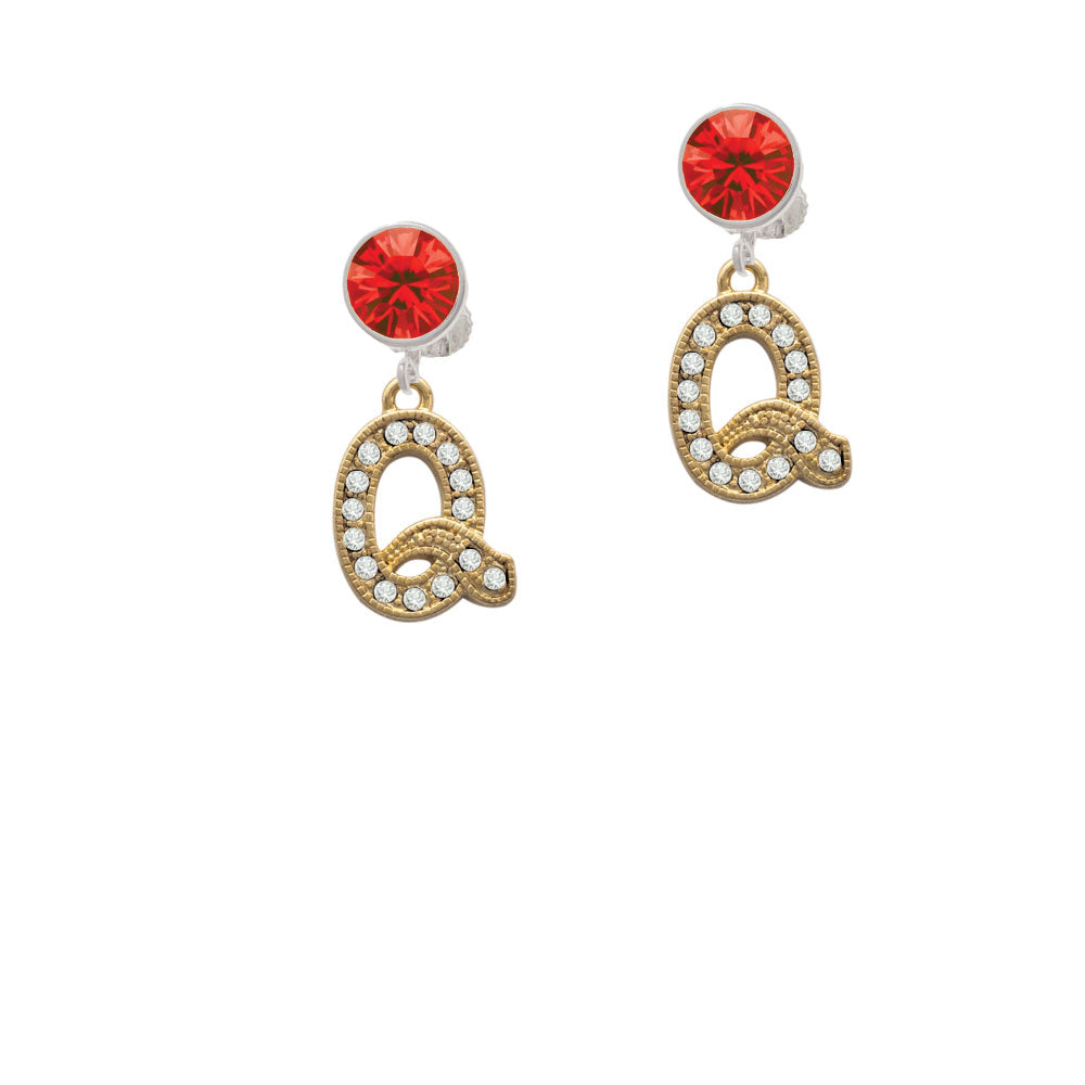 Crystal Gold Tone Initial - Q - Beaded Border - Crystal Clip On Earrings Image 4