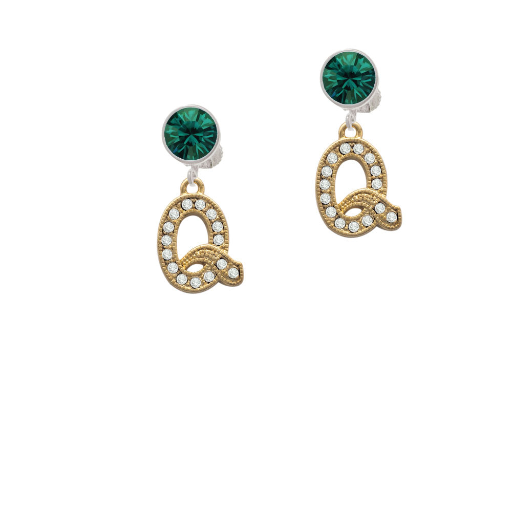 Crystal Gold Tone Initial - Q - Beaded Border - Crystal Clip On Earrings Image 6