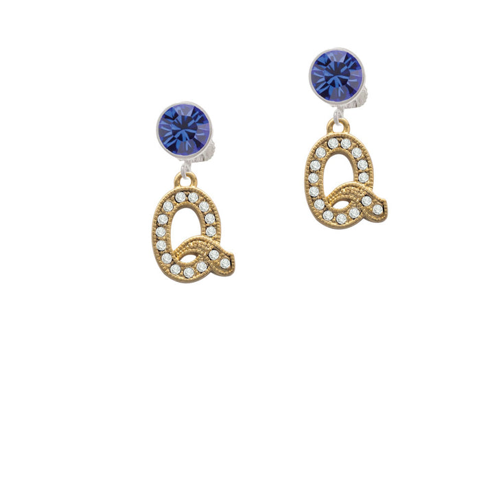 Crystal Gold Tone Initial - Q - Beaded Border - Crystal Clip On Earrings Image 7