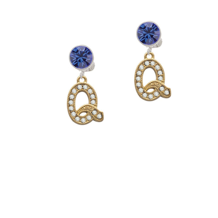 Crystal Gold Tone Initial - Q - Beaded Border - Crystal Clip On Earrings Image 1