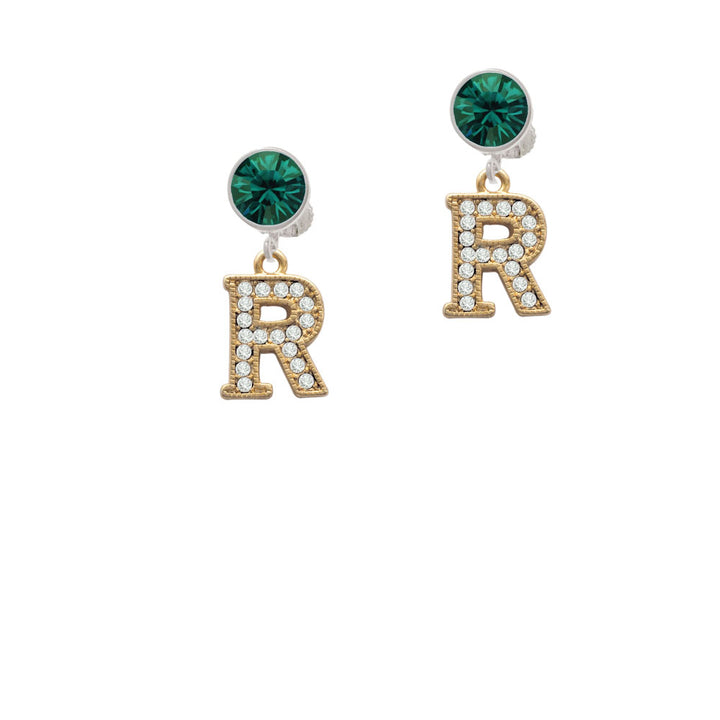 Crystal Gold Tone Initial - R - Beaded Border - Crystal Clip On Earrings Image 6