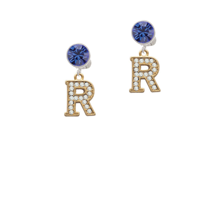 Crystal Gold Tone Initial - R - Beaded Border - Crystal Clip On Earrings Image 7