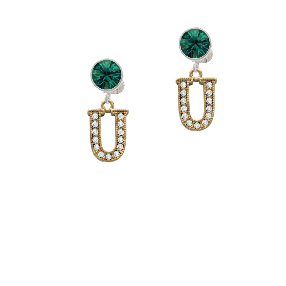 Crystal Gold Tone Initial - U - Beaded Border - Crystal Clip On Earrings Image 6