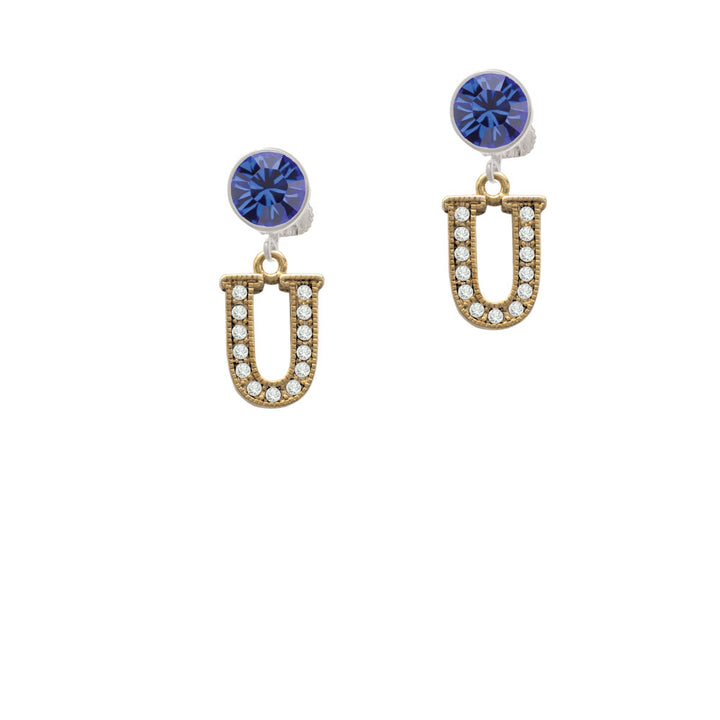 Crystal Gold Tone Initial - U - Beaded Border - Crystal Clip On Earrings Image 7