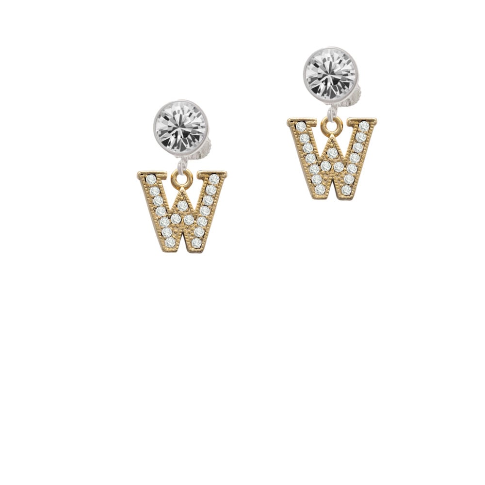 Crystal Gold Tone Initial - W - Beaded Border - Crystal Clip On Earrings Image 2