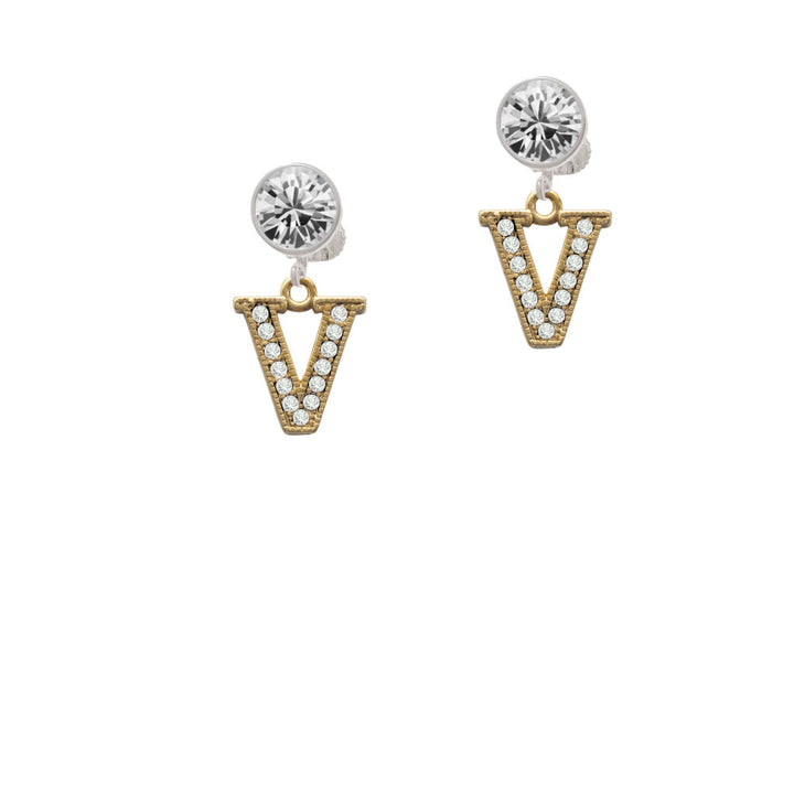 Crystal Gold Tone Initial - V - Beaded Border - Crystal Clip On Earrings Image 2