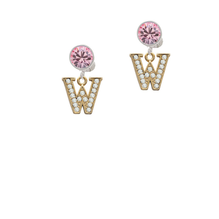 Crystal Gold Tone Initial - W - Beaded Border - Crystal Clip On Earrings Image 4