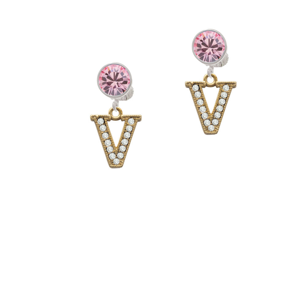 Crystal Gold Tone Initial - V - Beaded Border - Crystal Clip On Earrings Image 4