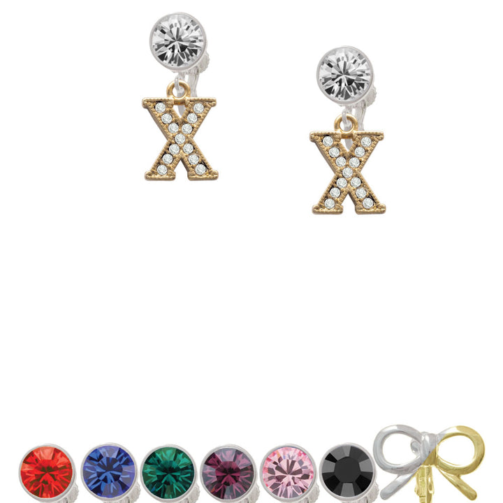 Crystal Gold Tone Initial - X - Beaded Border - Crystal Clip On Earrings Image 1