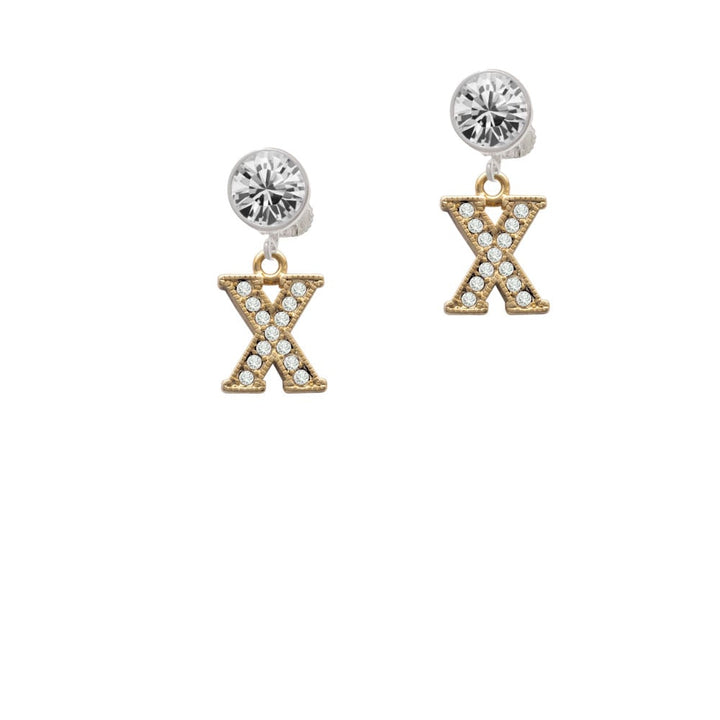 Crystal Gold Tone Initial - X - Beaded Border - Crystal Clip On Earrings Image 2