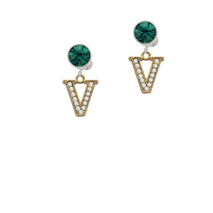 Crystal Gold Tone Initial - V - Beaded Border - Crystal Clip On Earrings Image 6