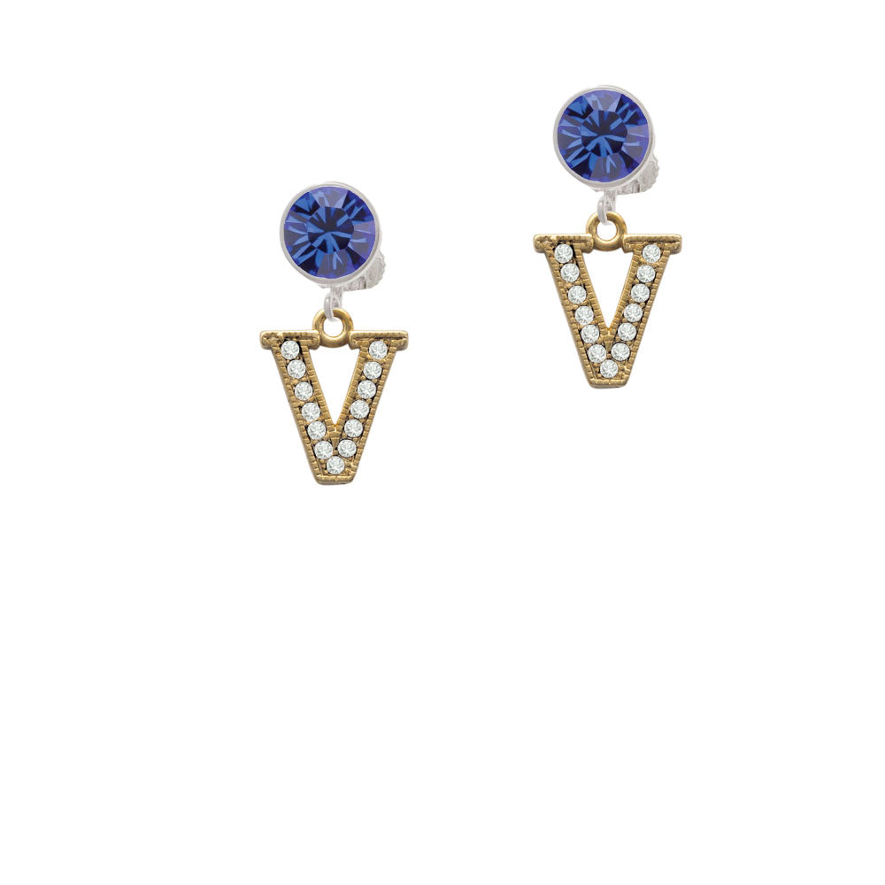 Crystal Gold Tone Initial - V - Beaded Border - Crystal Clip On Earrings Image 7